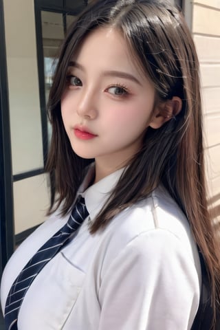 ((Best quality)), ((masterpiece)), (detailed:1.4), 8K RAW, Seo,  gigantic_breast:1.2, realistic, detailed eyes, detailed face, perfect eyes, nice eyes, thicc, full_body:1.2,school uniform, looking_at_viewer,Seo