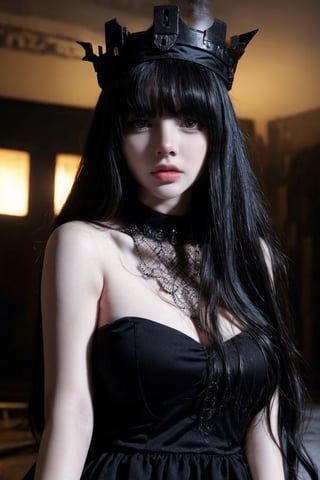 masterpiece, 8k UHD, (real, photo real), best quality, high resolution, perfect details, photorealistic, hyperdetailed photography, ultra quality, ultra detailed, closed mouth, 1girl, A beautiful goth girl, oval face, (Beautiful Hair:1.4), beautiful face, nice light gray eyes, perfect eyes, big breasts, small jewelry crown, (black gothic dress, dog choker), Temperament, elegance, low contrast, soft light, horror vibe, (black Indoor castle decoration:1.5), shot from head to waist, ,Hair over eyes,photo of perfecteyes eyes,DararatBoa