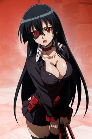 akame \(akame ga kill!\), akame (akame ga kill), (masterpiece, best quality), (black eye patch on left eye), cleavage, medium breasts, short black skirt, extremely detailed, intricate details, lush detail, insanely detailed face, beautiful red right eye, shiny skin, sharp eyes)