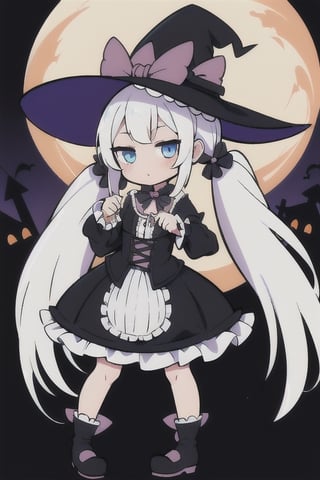 1girl,  ((white_hair,  twin_tails,  long_hair, chibi,  blue_eyes, frilly, witch_costume, witch_hat, magic_wand, gothic_lolita, black_cat, halloween, full_moon)),  posing