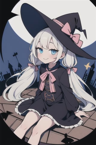 1girl, best quality, cute, ((white_hair)), straight_hair, twin_tails, very_long_hair, hair ribbons, beautiful eyes, blue_eyes, (long_eyelashes), witch_hat, witch_costume, gothic lolita, magic_wand, sitting, smiling
