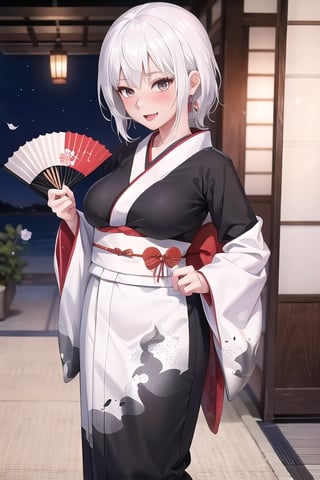 1girl, mature_female, mature_woman, white hair, kimono, black kimono, folding fan, large breasts