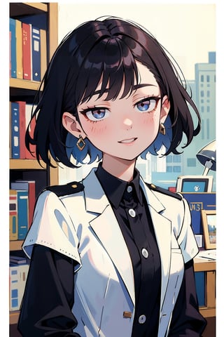 female, ((masterpiece, best quality, ultra detailed, absurdres):1.5), 1girl, beautiful, ZGirl, black uniform, school_uniform,ZGirl, oil painting style, smiling, beautiful face, Bibliothek in background 