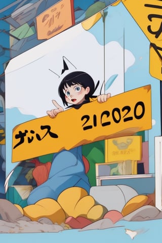 cartoon, big yellow, sign, 2024, is here, new year, 2024, 2024
