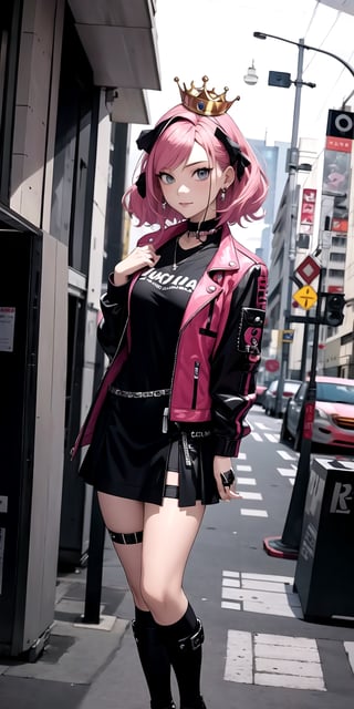 Alafe girl with pink hair and a crown on her head, dressed in punk clothing, dressed in crustpunk clothing, Anime girl cosplay, Cybergoth, Wearing a punk costume, kerli koiv as anime girl, 1 7 - year - old anime goth girl, Belle Delphine, Anime Cosplay, With pink hair, real life anime girl, Punk Girl,LightningPunkAI,edgpskirt,Cyberpunk,photo r3al,midjourney,neon_nouveau,photorealistic
