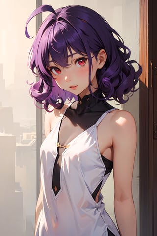 1girl, purple hair, red eyes, hair intakes, ahoge, petite, medium hair, cute, curly hair, frawn