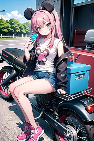 A girl with a sad expression wore a pink long-sleeved round-neck shirt with Mickey Mouse printed all over it, and then put on a down jacket, but still exposed the Mickey Mouse pattern. He was sitting on a YAMAHA SMAX 155 motorcycle. A green delivery box with UberEat written on it was installed on the back seat of the motorcycle. He was looking at the mobile phone holder installed on the left rearview mirror of the motorcycle, waiting to receive an order.
Don’t have anything in the background