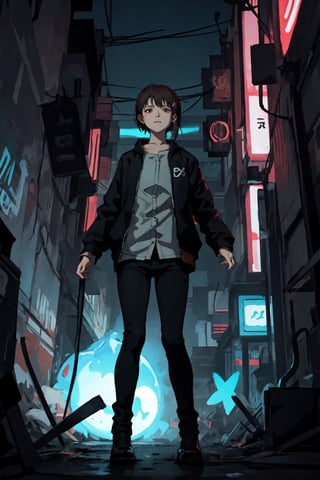 full body portrait, view from below, 1girl, (masterpiece, best quality), solo, aesthetic illustration, detailed background, bioluminescence, neon colours, Lain Iwakura (Serial Experiments Lain)