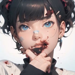 High detailed ,midjourney,perfecteyes,Color magic,piercing, girl, solo, brown_hair, jewelry, bandaid, earrings, bandaid_on_nose, nosebleed, long_hair, circle, blue_eyes, watch, portrait, hair_ornament, looking_at_viewer, bandaid_on_face, wristwatch, hairclip, red_nails, blood, parted_lips, twintails, blue_background, free style,horror (theme),portrait,realistic,Mechagirl,midjourney,illustration,ASU1,fcloseup