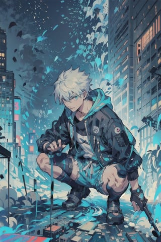 a man wearing a techwear hood, on top of the building, hidden face, male, night, neon lights, city background, cyberpunk, (1guy, solo), dark, jacket, short hair, full body shot, crouched, posing,itadori yuji,Kakashi Hatake,s4suk3,spiked hair