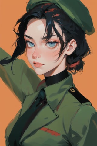 Military woman wearing a green suit and a beret hat, oil painting portrait style picture, she has a serious look, best_quality, medium shot, tied hair, black hair, blue eyes, military uniform, red beret, hair slicked back,