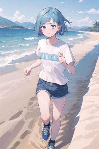 masterpiece, high quality, highly detailed
BREAK
empty dessert, sand, blue sky, scenery, outdoors, life-size-body, full body, running
BREAK  
1girl, pale skin, small chest, light blue eyes, light blue hair, bangs, bobcut
BREAK 
t-shirt, plain shirt, red theme
BREAK 
denim plaid shorts, blue theme 
BREAK 
white sneaker