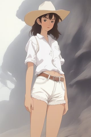 Cowgirl in white short shorts, anime ,art by studio ghibli ,(masterpiece,best quality,niji style)