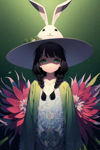 (( Ride on beautifully decorated white giant lagomorph )) , shining eyes , twin braid , black hair , parted bangs, little girl, 15 years old, simple green witch's big hat and green robe, intricate details, 32k digital painting, hyperrealism, (vivid color,abstract background:1.3, colorful:1.3, flowers:1.2, zentangle:1.2, fractal art:1.1) ,High detailed ,nijilorawolf