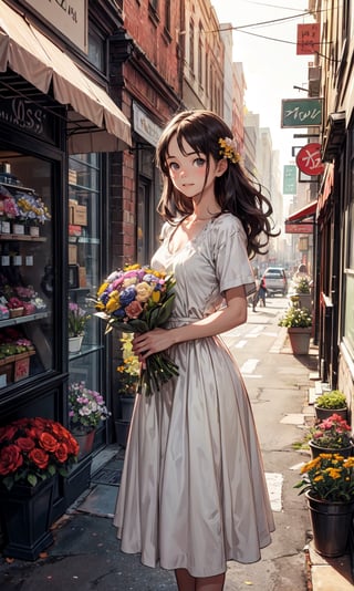(((Outside view of an old, small flower shop)), ((Girl standing in front of store holding bouquet of flowers)), (one piece), (violin_case),(brown wavy long hair), landscape, new_york, hyperealistic shadows, cartoon, animated, wide_angle_lens, detailed, contrast, dawn, daybreak, radiating light, light leaking out, Signboard, cracks on the wall