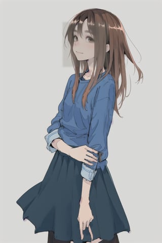 (best quality),masterpiece,simpe face,manga,brown-hair,long_hair,cowboy_shot,casual cloth and long skirt,flat style,simple_background,white background,napata,ohara koson,inksketch