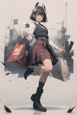 1girl, High detailed ,midjourney,perfecteyes,Color magic,urban techwear, cyborg,1girl, shopping_bag, skirt, solo, bag, jewelry, boots, earrings, black_footwear, black_hair, necktie, shirt, red_skirt, plaid, plaid_skirt, holding, makeup, black_eyes, black_necktie, belt, cosmetics, full_body, long_sleeves, holding_bag, white_shirt, bangs, lipstick_tube, collared_shirt, stuffed_toy, signature, pleated_skirt, standing_on_one_leg, short_hair, english_text, stuffed_animal, vest, standing, stuffed_bunny, buckle, headgear, free style,horror (theme),portrait,realistic,Mechagirl,midjourney,illustration,ASU1,fcloseup