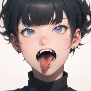 High detailed ,midjourney,perfecteyes,Color magic,piercing, tongue, purple_eyes, tongue, hair_over_one_eye, white_background, male_focus, open_mouth, mole_under_mouth, short_hair, simple_background, mole, portrait, 1boy, tongue_out, black_hair, looking_at_viewer, bangs, teeth, fangs, blurry, saliva, one_eye_covered, brown_hair, finger_in_own_mouth, solo, multiple_boys, turtleneck, black_shirt, shirt, free style,horror (theme),portrait,realistic,Mechagirl,midjourney,illustration,ASU1,fcloseup