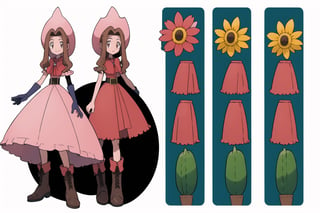 multiple views, model sheet, masterpiece, best quality, facing viewer, sugimori ken \(style\), {big milkers} (full body), 1 girl, {{{masterpiece, cowgirl hat, pink dress, ruffle dress with string strips, leather belt, women's boots, leather gloves, garden with blooming cacti}}}, mom and daughter, 1 girl, {White background} <<big milkers>> ,Tachikawa Mimi