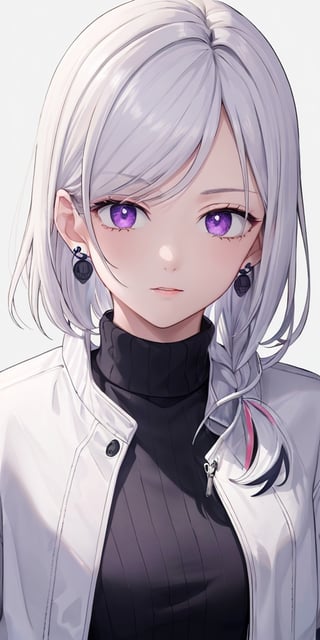 Masterpiece, ultra detailed, hyper high quality, quality beyond the limits of AI, the ultimate in wisdom, top of the line quality, 8K, 

1girl

(white hair), side_braid long wavy hair, blue earrings,  ((black shirt turtle neck)), ((long white jacket)), violet eyes

kugisaki nobara,masterpiece