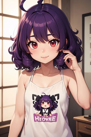 1girl, purple hair, red eyes, hair intakes, ahoge, petite, medium hair, cute, curly hair, frawn