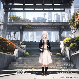 Masterpiece, Best Quality, One Woman, Fluffy white knit cardigan, long white skirt, black boots, black bag, Tokyo park, standing in the middle of stairs, artistic composition, mature, one woman, long shot, high definition, composition from below, long stairs,best quality