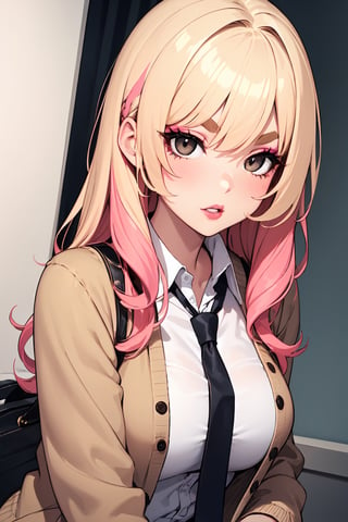 1girl, two-toned hair, blonde hair pink hair, thick eyebrows, hair pulled back, eyeliner, brown cardigan, very long hair, loose necktie, makeup, black eyes, eyeshadow, medium breasts, fit, lipstick