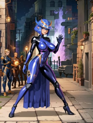 A woman, completely white mecha suit with blue parts + cybernetic armor + latex suit, very tight suit on her body, wearing a cybernetic helmet with visor, gigantic breasts, very short hair, blue hair, mohawk hair, hair with bangs in front of her eyes, (looking at the viewer), (((erotic pose with interaction and leaning on anything + object + on something + leaning against))) + in a dungeon, with waterfall, robotic machines, altars, robots, glow pipes, slimes, colored iron bars, 16K, UHD, warcraft, zelda breath of the wild, Unreal Engine 5, technological, mecha, (full body:1.5), quality max, max resolution, ultra-realistic, maximum sharpness, More detail, perfect_hands, better_hands,pixel,edgJumpsuit
