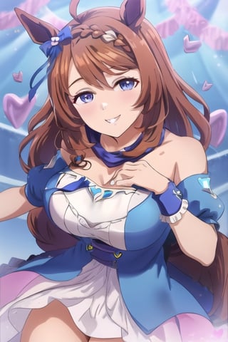 masterpiece, ultra detailed,  high resolution,  ahoge, 1girl, pov, （crown braid:1.5), braid, hand heart, brownish red hair, blue and white dress, open shoulder, blue eyes,  brown_skin, busty, blow tie on the hair, smile, idol_master, horse_ears