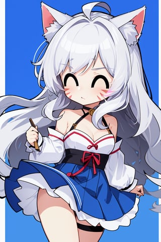 1girl,cat ear,white hair,long wavy hair,facial mark,ah1,chibi,blue skirt,cleavage,spaghetti_strap,bare_shoulders