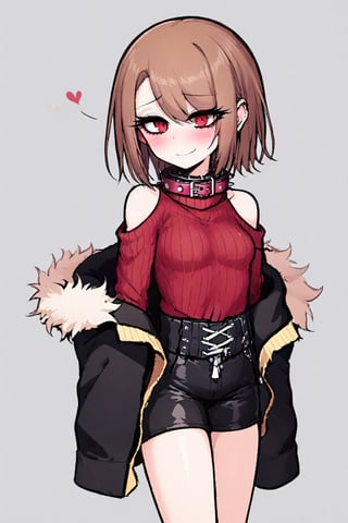 1girl, solo, short hair, brown hair, red eyes, collar, black jacket, off shoulder, fur trim, red sweater, ribbed sweater, turtleneck, shoulder cutout, long sleeves, black shorts, blush,smile