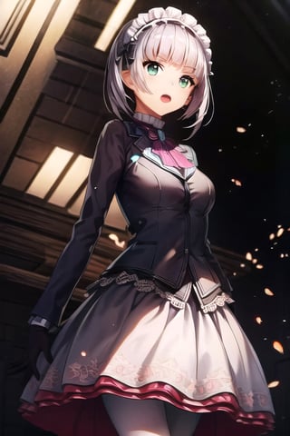((masterpiece)), (((best quality))), ((ultra-detailed)), ((illustration)), finely detail, extremely detailed CG unity 8k, highres, beautiful detailed eyes, finely detail, beautiful detailed eyes1girl, gloves, green eyes, solo, open mouth, pantyhose, white pantyhose, black gloves, white hair, maid headdress, smile, outdoors, skirt, long sleeves, white skirt, looking at viewer, breasts, bangs, day, sky,
