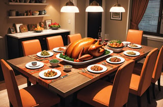 a table filled with food, a dinner table with a turkey dinner, a dining room in a modern family home, a set of dishes on a table (PaintStyle:0.4)
