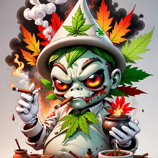 cartoon of a pot leaf smoking a blunt, bloodshot_eyes,white gloves on his hands very_well_drawn,detailed,colorful,bright