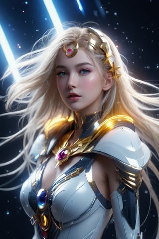 (wide_angle _view, full_body_shot), (zero gravity, weightlessness, floating in space, floating_hair), Beautiful sailor saturn in a white eflective robotic suit,white body,white chest,yellow long hair, cyborg style, Xenia Tchoumitcheva/Franziska Knuppe hybrid, (in space, stars, space battle, starships, light rails, light particles), 8k resolution concept art portrait by Greg Rutkowski, Artgerm, WLOP, random neon holographic, prismatic, dynamic lighting hyperdetailed intricately detailed Splash art trending on Artstation Unreal Engine 5 volumetric lighting golden ratio dynamic lighting retrofuturism cyberpunk 8k resolution synthwave vaporwave solarpunk futuristic retrofuturism, ,bingnvwang,sailor_moon