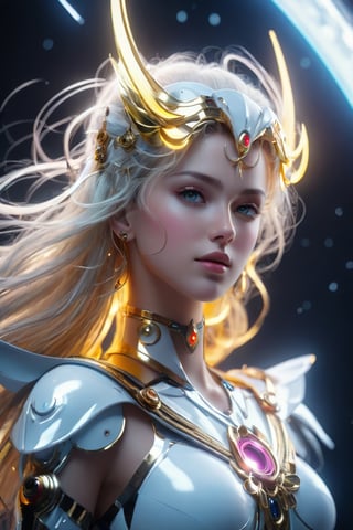 (wide_angle _view, full_body_shot), (zero gravity, weightlessness, floating in space, floating_hair), Beautiful sailor saturn in a white eflective robotic suit,white body,yellow hair, cyborg style, Xenia Tchoumitcheva/Franziska Knuppe hybrid, (in space, stars, space battle, starships, light rails, light particles), 8k resolution concept art portrait by Greg Rutkowski, Artgerm, WLOP, random neon holographic, prismatic, dynamic lighting hyperdetailed intricately detailed Splash art trending on Artstation Unreal Engine 5 volumetric lighting golden ratio dynamic lighting retrofuturism cyberpunk 8k resolution synthwave vaporwave solarpunk futuristic retrofuturism, ,bingnvwang,sailor_moon