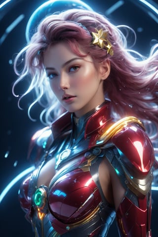 (wide_angle _view, full_body_shot), (zero gravity, weightlessness, floating in space, floating_hair), Beautiful Sailor Jupiter in a crimson eflective robotic suit,crimson suit,crimson chest,crimson lens,cyborg style, Xenia Tchoumitcheva/Franziska Knuppe hybrid, (in space, stars, space battle, starships, light rails, light particles), 8k resolution concept art portrait by Greg Rutkowski, Artgerm, WLOP, random neon holographic, prismatic, dynamic lighting hyperdetailed intricately detailed Splash art trending on Artstation Unreal Engine 5 volumetric lighting golden ratio dynamic lighting retrofuturism cyberpunk 8k resolution synthwave vaporwave solarpunk futuristic retrofuturism, ,bingnvwang,