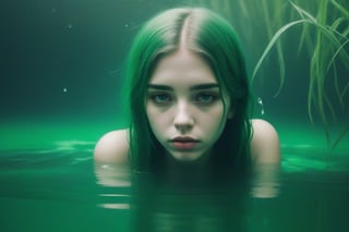 An aesthetic sad girl under the green water, the grass surrounds her,(best quality,