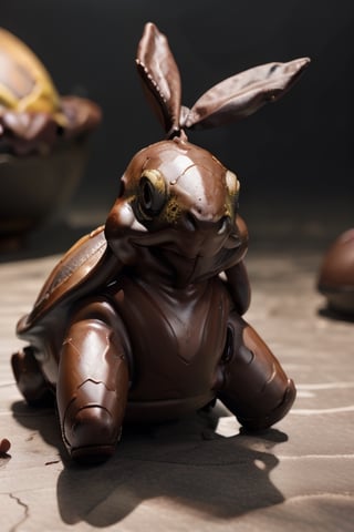highly detailed solid chocolate bunny running past a turtle, perfect lighting, shadows, sharp focus, ((8k high definition, insanely detailed, intricate, masterpiece)), chocolate,Cyberpunk,Turtwig_Pokemon