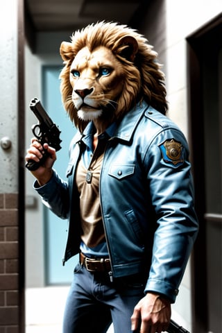 A lion with a human body wearing a open leather jacket, light blue polo shirt and a detective badge while holing a pistol and entering a building.