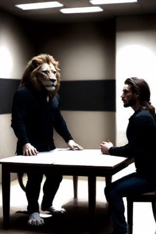 A lion with a human body wearing a long sleeve black shirt standing at a table interrogating a witness sitting across from him