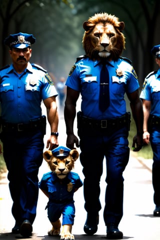 A lion with a human body wearing a blue police uniform with other humanpolice officers walking next to him