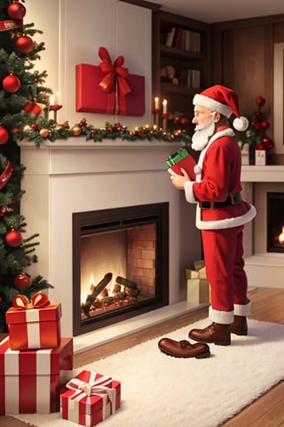 Santa Claus placing gifts inside Christmas stockings over fireplace