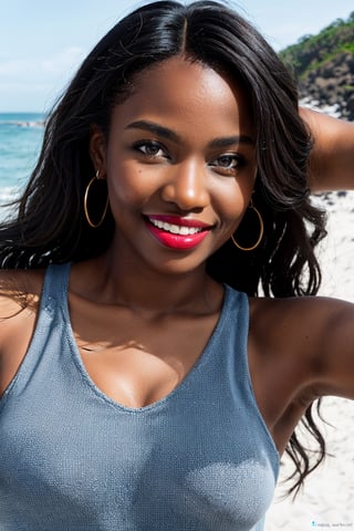  full Complete Body, , blue Eyes, big boobs,  full body,  masterpiece,  best quality,  RAW photo,  a beautiful woman, African American, smile,  lipstick,  lips,  long hair,  intricate details, detailed skin texture.  tank top ,  8k uhd,  soft lighting,  high quality,  hyper realistic,  detailed, in the nature beach 