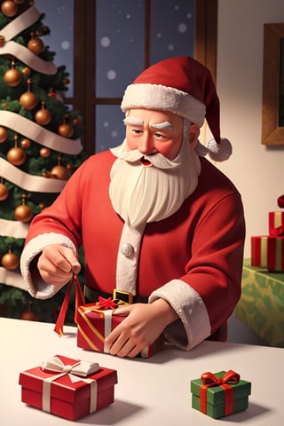 Santa Claus placing gifts undeneath a sprakling Christmas tree