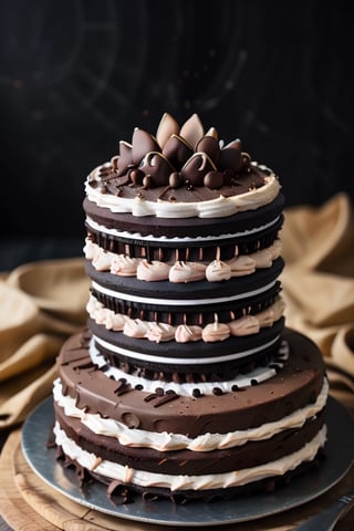 highly detailed chocolate layer cake being sliced by an earth moving truck, perfect lighting, shadows, sharp focus, ((8k high definition, insanely detailed, intricate, masterpiece)), chocolate,Cyberpunk,