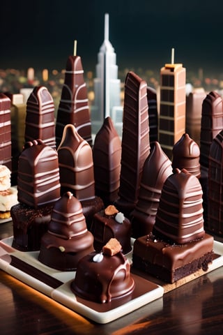 highly detailed chocolate bar squares in a city skyline with surrounding skyscrapers, perfect lighting, shadows, sharp focus, ((8k high definition, insanely detailed, intricate, masterpiece)), chocolate,Cyberpunk