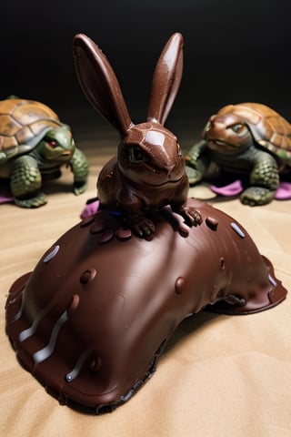 highly detailed solid chocolate bunny running past a turtle, perfect lighting, shadows, sharp focus, ((8k high definition, insanely detailed, intricate, masterpiece)), chocolate,Cyberpunk,Turtwig_Pokemon