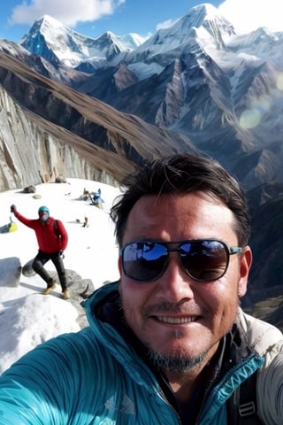 un hombre tomando un selfie en la cima del everest
