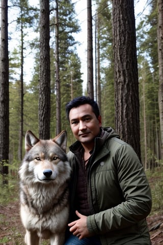 
photo, realistic man with wolves in forest, 35mm